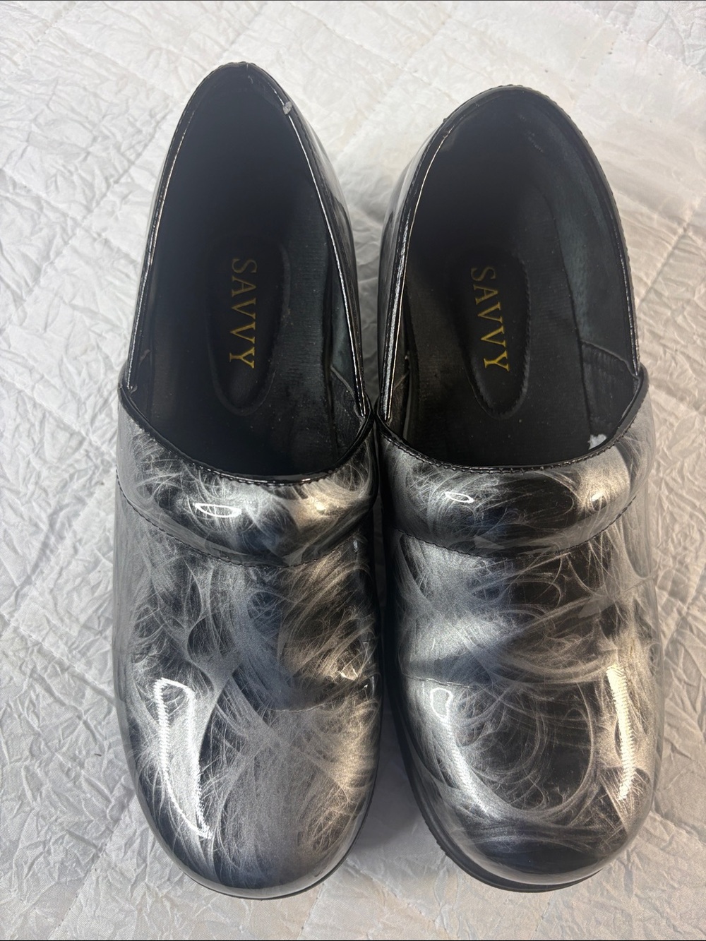 Savvy Black Patent Clogs with White Swirl Accent